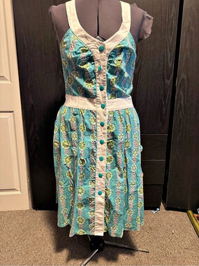 Retrolicious Turquoise Floral Retro Button Front Dress